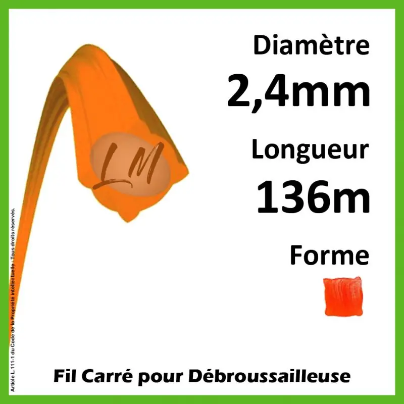 Fil Carré Nylon Orange 2.4mm x 136m Petit Prix