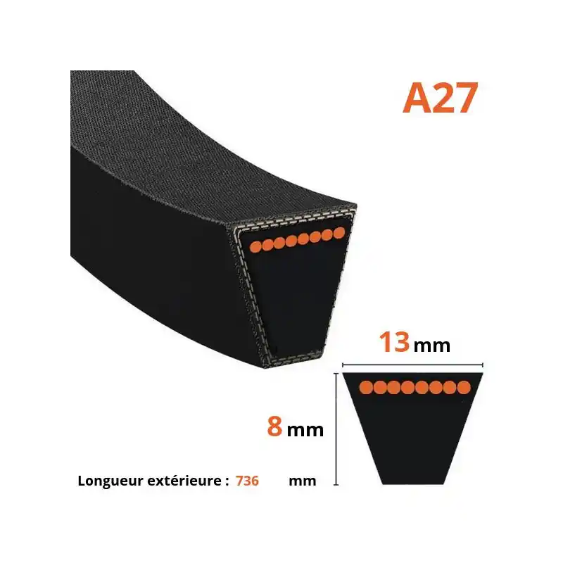 Courroie lisse trapézoïdale A27, Longueur extérieure 736mm Expédié Aujourd&rsquo;hui