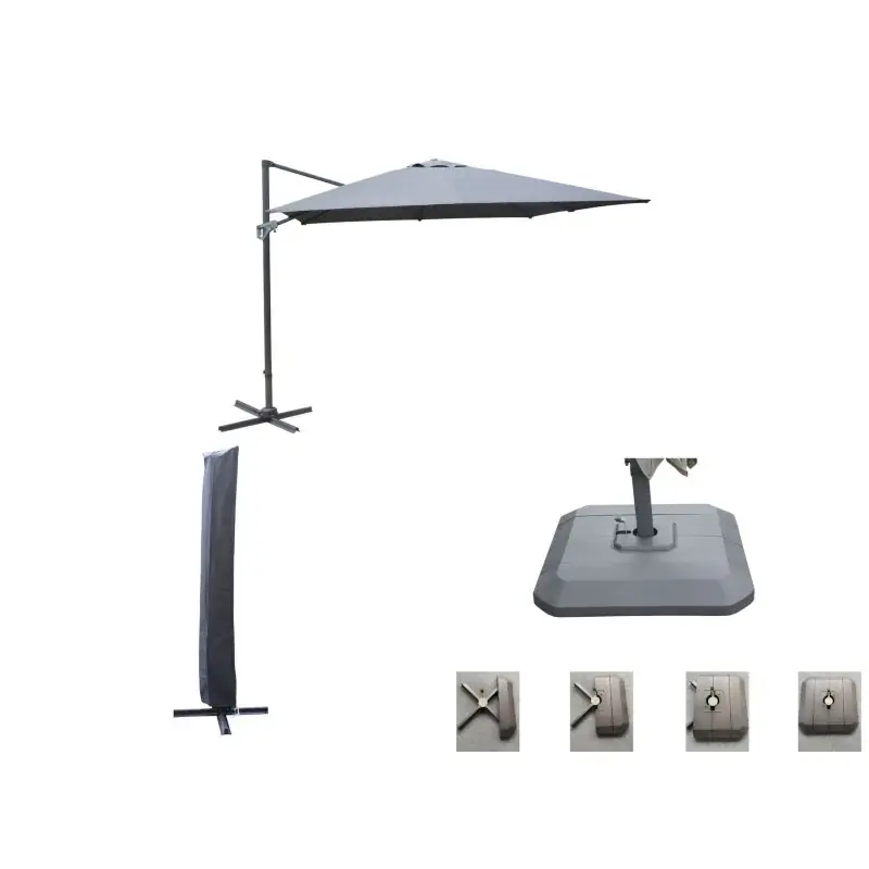 Prix Réduit Parasol de Jardin 3x3m Inclinaison + Housse et Pied – Couleur Grise