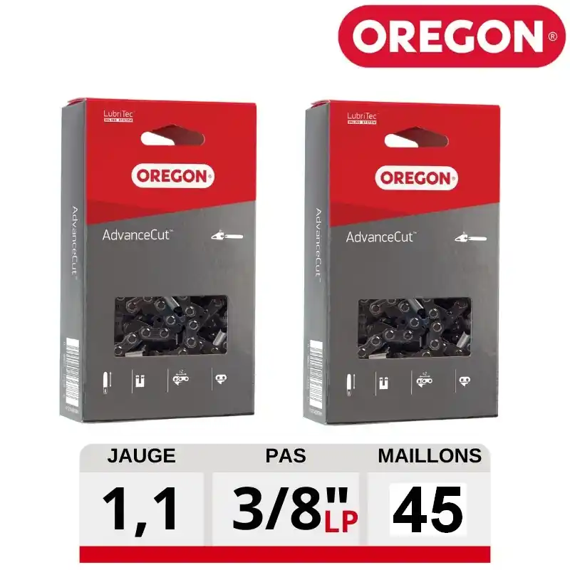 Quantité Limitée Kit 2 chaines tronçonneuse Oregon advanceCut 45 dents – 90PX045E