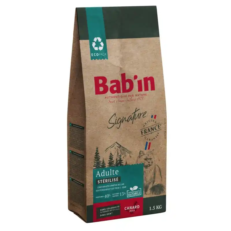 Prix Cassé CROQUETTES SIGNATURE CHAT ADULTE STÉRILISÉ CANARD 1.5KG – BAB‘IN