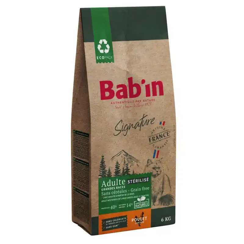 Nouveauté CROQUETTES SIGNATURE CHAT STÉRILISÉ SANS CÉRÉALES GRANDES RACES 3KG – BAB‘IN