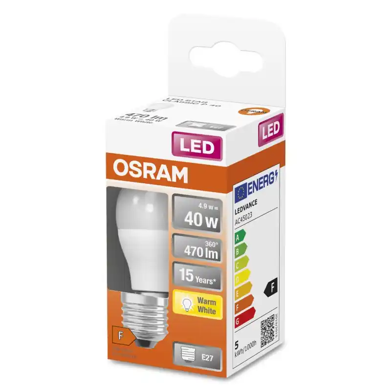 Prix Choc Ampoule LED E27 Sphérique Dépolie 4.90 W 40 W Blanc chaud 2700 K – OSRAM