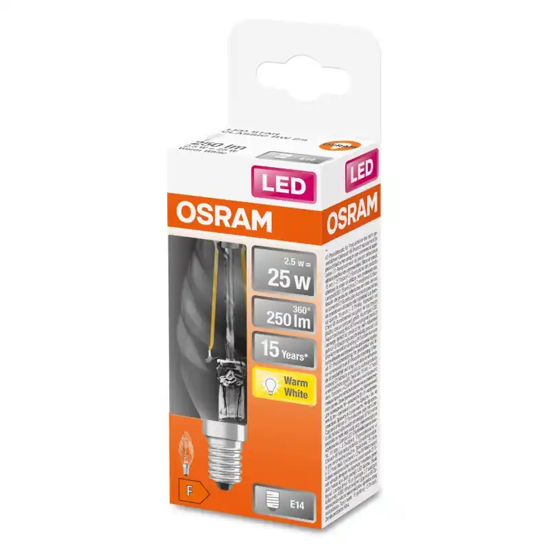 Ampoule LED Filament E14 Flamme torsadée Claire 2.5 W 25 W Blanc chaud 2700 K – OSRAM Paiement Sécurisé