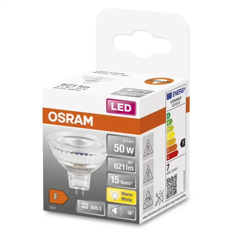 Bon Plan Spot LED GU5.3 MR16 verre 8 W 50 W – 36° – Blanc chaud 2700 K – OSRAM