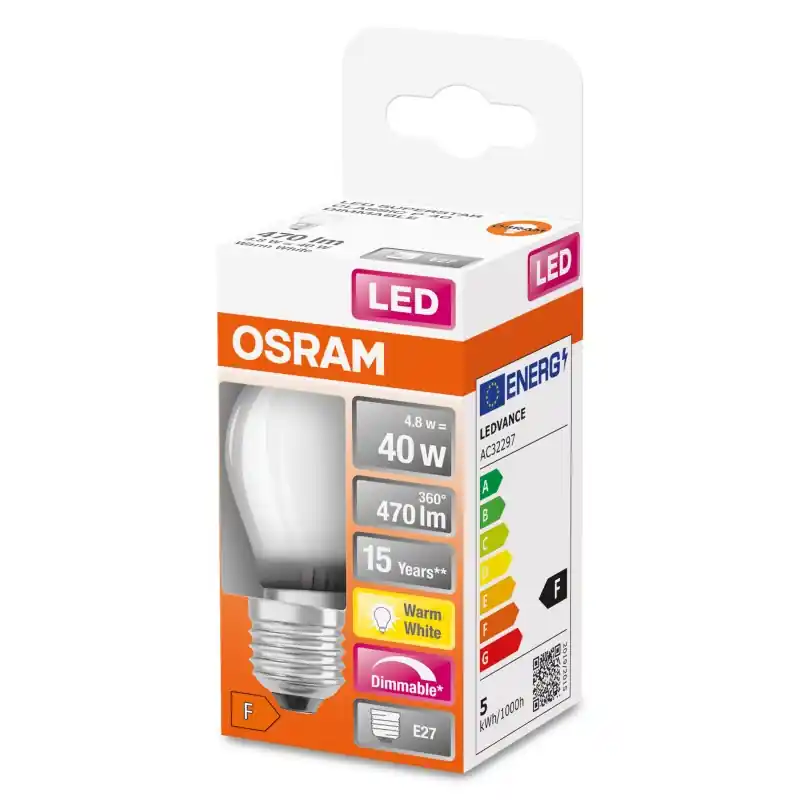 Expédié Aujourd&rsquo;hui Ampoule LED Filament E27 Sphérique Dépolie 4.8 W 40 W Blanc chaud 2700 K – OSRAM