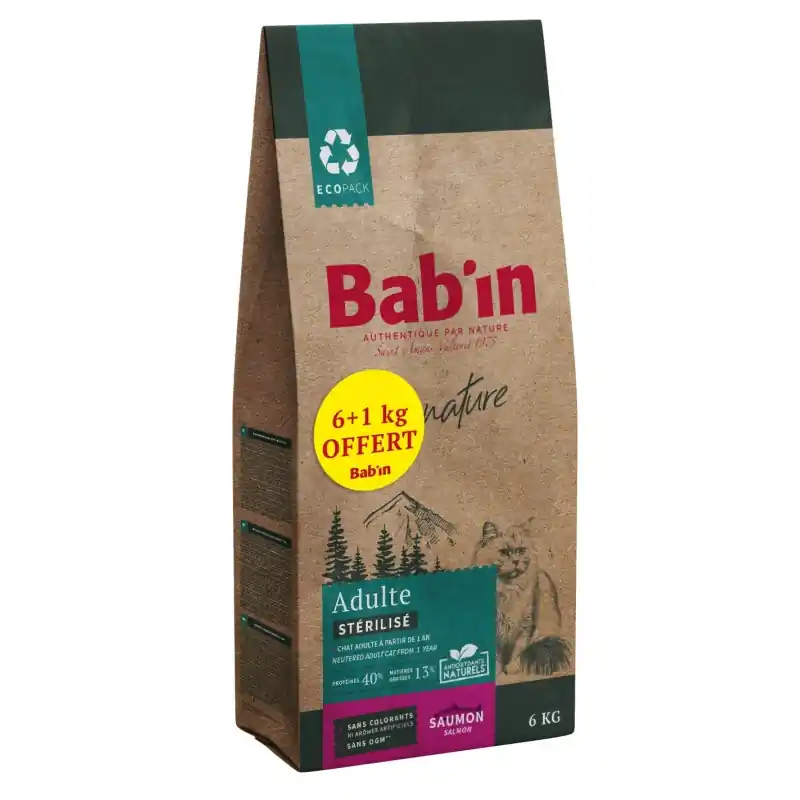 CROQUETTES SIGNATURE CHAT ADULTE STÉRILISÉ SAUMON 6KG + 1KG OFFERT – BAB‘IN Authentique