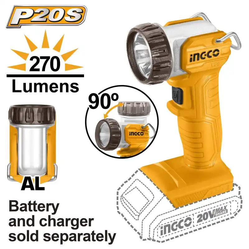 Achat Immédiat LAMPE DE TRAVAIL ORIENTABLE 270LM 20V – VENDU NU – INGCO