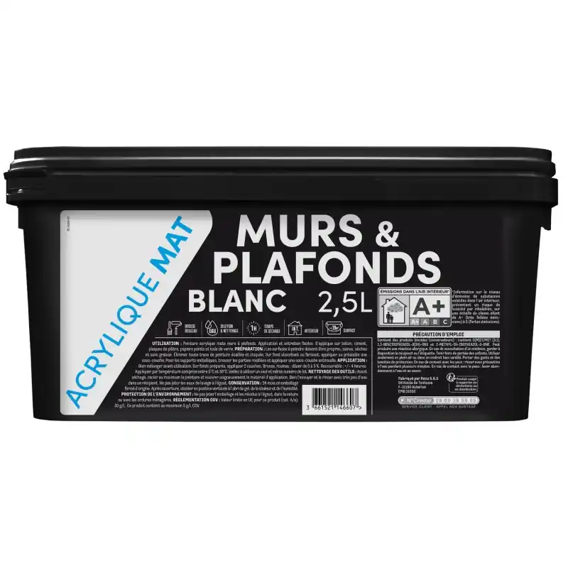 Certifié PEINTURE BI-COUCHE MURS ET PLAFONDS ACRYLIQUE BLANC MAT 2.5L