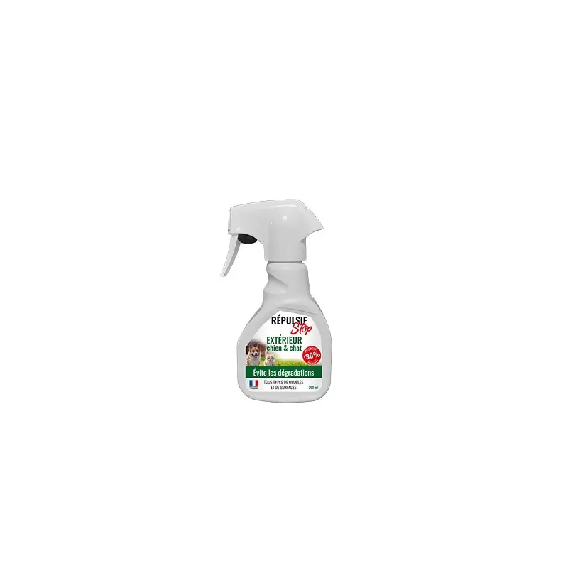 RÉPULSIF STOP SPRAY EXTÉRIEUR CHIEN ET CHAT 250ML – AGECOM Offre Spéciale
