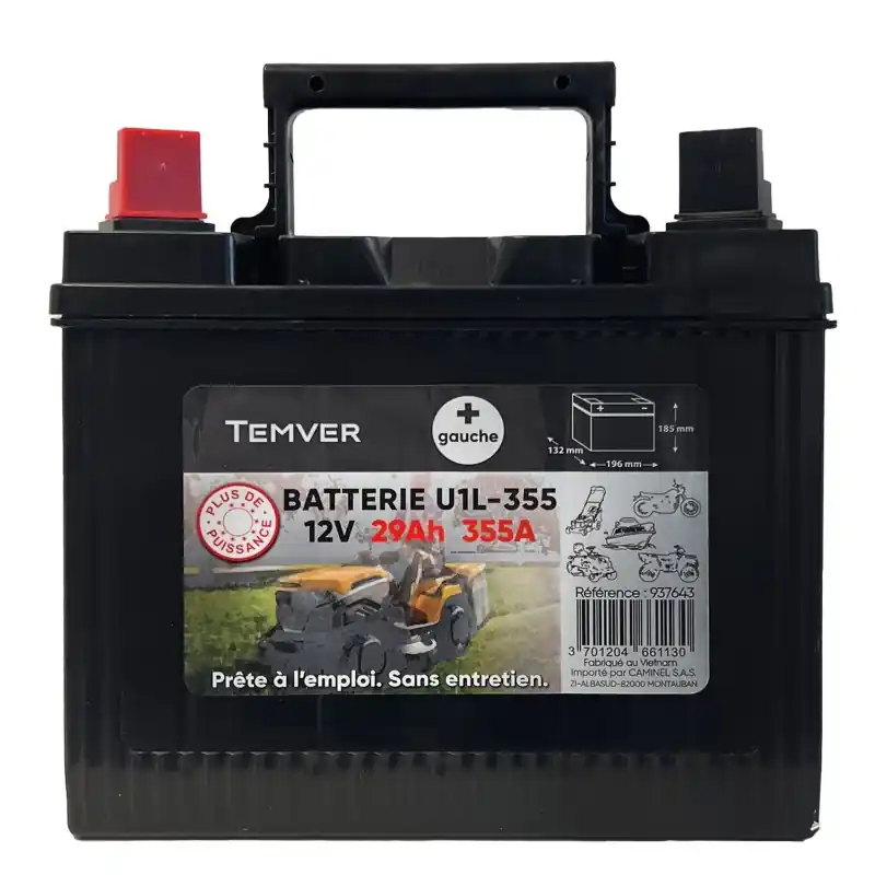 Haute Qualité BATTERIE POUR AUTOPORTÉES U1L-355 – BORNE + A GAUCHE – TEMVER