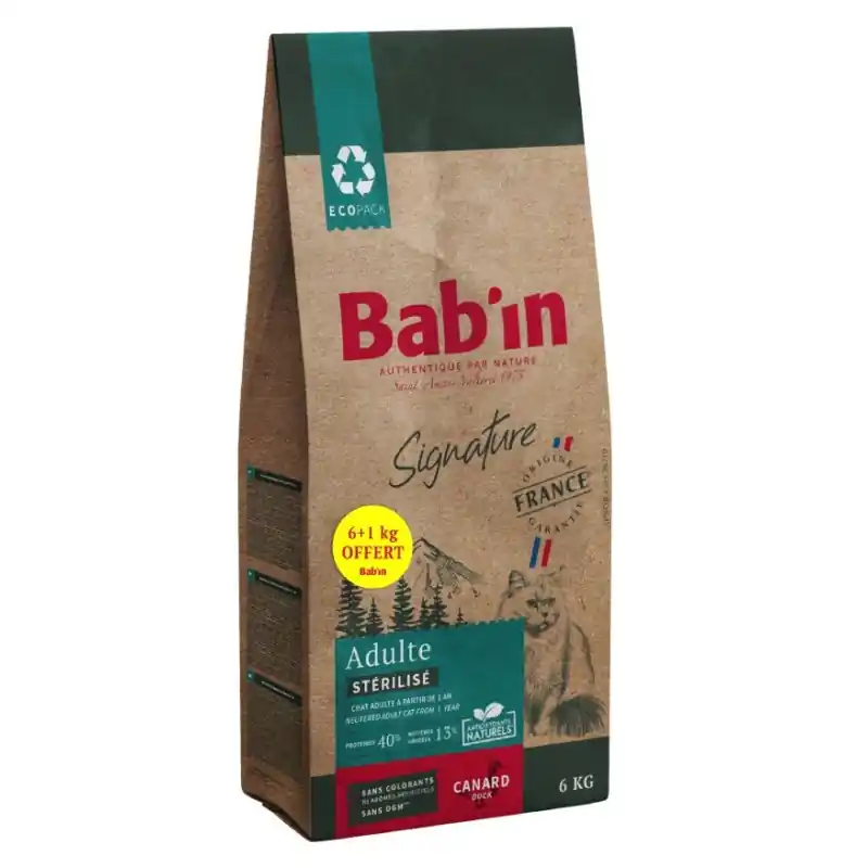 Offre Du Jour SIGNATURE CHAT ADULTE STÉRILISÉ CANARD 6 KG +1KG OFFERT – BAB‘IN