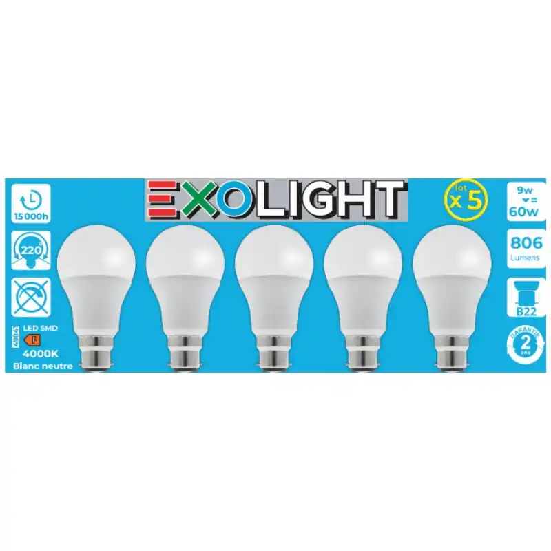 AMPOULE LED SMD STD OPALE 4KK 9W 806L B22 X5 – EXOLIGHT Commande En Gros