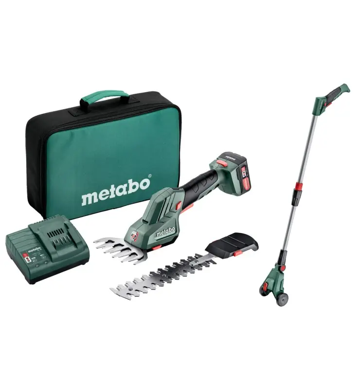 PACK PowerMaxx SGS 12 Q Sculpte-haie et cisaille à gazon sans fil + BARRE TÉLESCOPIQUE MS METABO Certifié